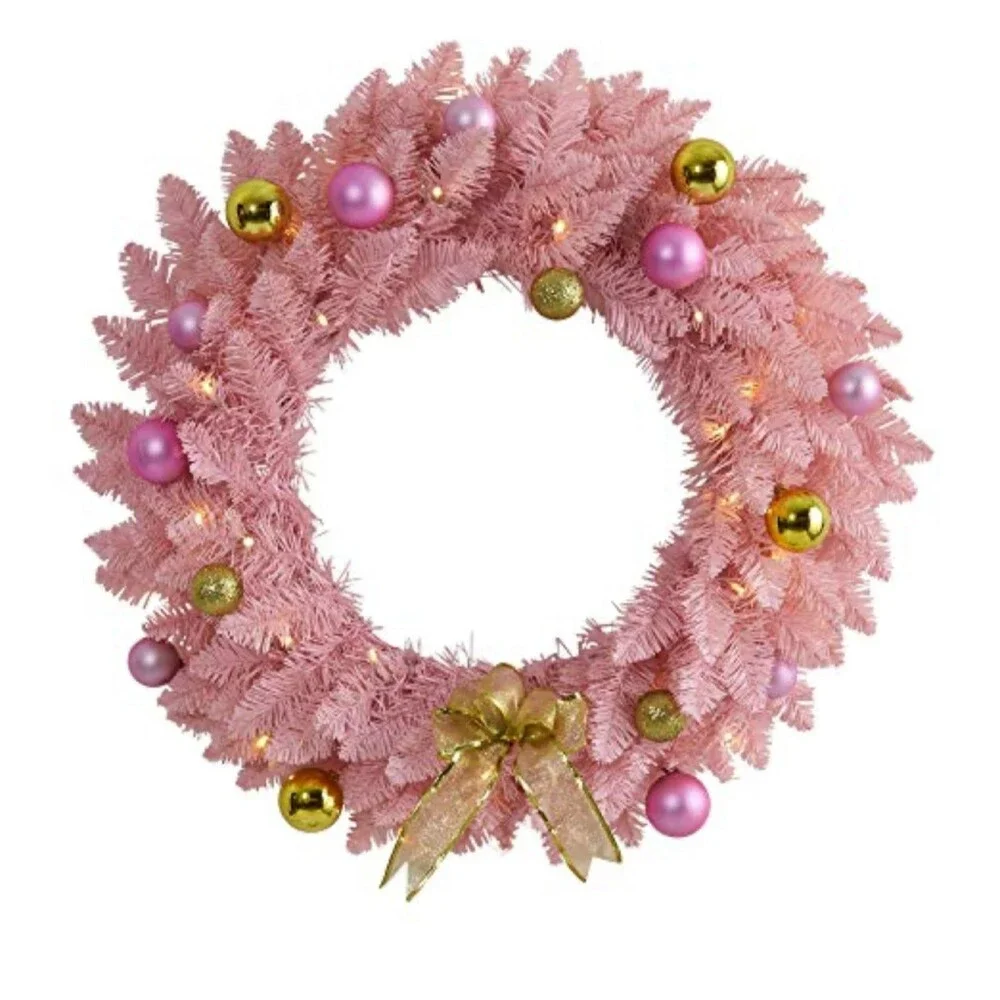 Nearly Natural 24in. Pink Artificial Christmas Wreath with 35 LED Lights and Orn